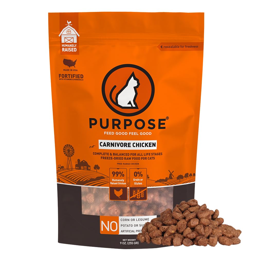PURPOSE Freeze Dried Raw Cat Food Grain Free Dry Cat Food Complete Balanced Meal or Topper Protein Rich Cat Food for All Breeds and Life Stages Pure Chicken Recipe Mini Nibs Entrée 9 oz USA Made