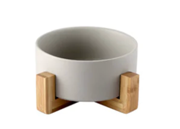 Ceramic Pet Bowl with Wooden Stand and Noodle Bowl
