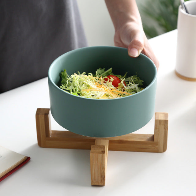 Ceramic Pet Bowl with Wooden Stand and Noodle Bowl